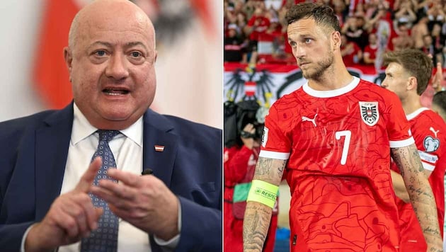 Bundeskanzler Christian Stocker (li.) trifft Marko Arnautovic in Belgrad.