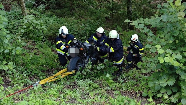 Die Freiwillige Feuerwehr Mieger holte das Unfallwrack per Seilwinde.