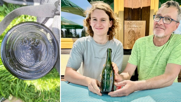 Sven (rechts) und Oskar Gelpke mit der historischen Flasche, das Herstellungsjahr 1925 steht am ...