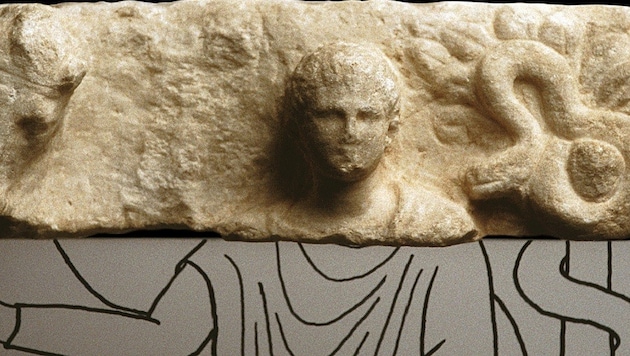 Dieses Relief schmückte in Teurnia einen kleinen Brunnen im Heiligtum des Grannus.