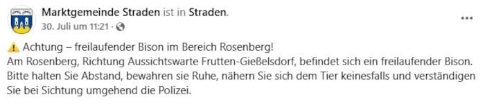 Ende Juli warnte die Gemeinde Straden die Bevölkerung via Facebook und Cities-App.