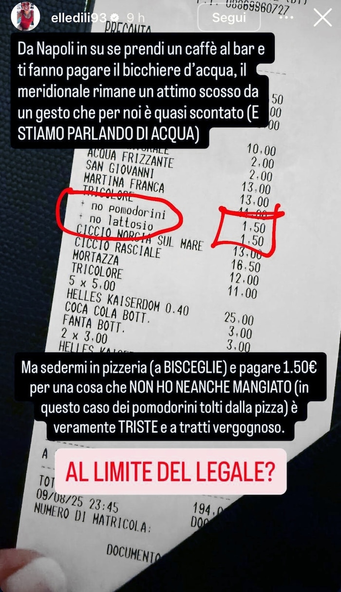 Die Rechnung postete Di Liddo auf Instagram: „1,50 Euro für etwas zu bezahlen, das ich nicht ...