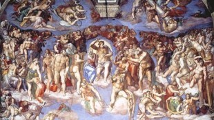Auszug aus Michelangelos „Jüngstes Gericht“: Das Werk bedeckt die gesamte Westwand der ...