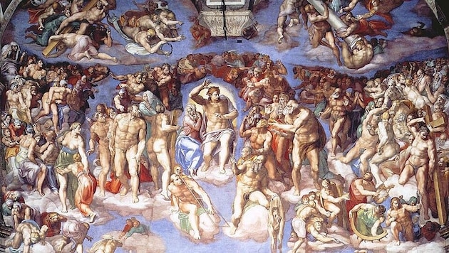 Auszug aus Michelangelos „Jüngstes Gericht“: Das Werk bedeckt die gesamte Westwand der ...