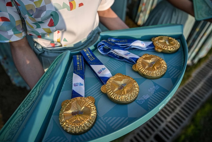 Die Medaillen der World Games hatten die Form eines Pandakopfes mit den charakteristischen ...