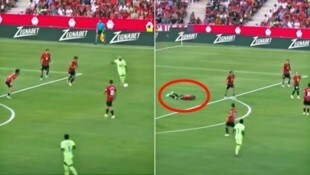 Mallorca-Verteidiger Rallo bleibt nach einem Yamal-Schuss liegen. Das darauf folgende Tor für ...