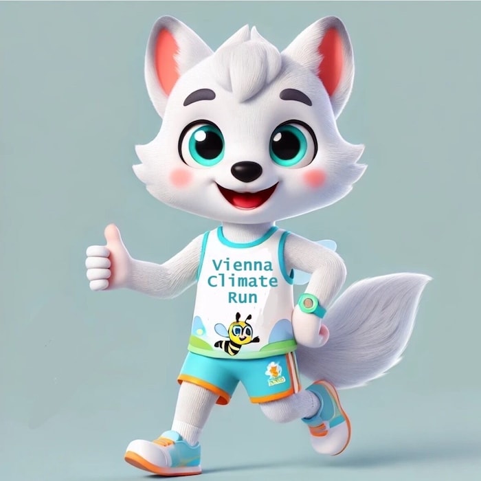 Polarfuchs „Finnie“ ist das Maskottchen des „Vienna Climate Runs“. Er ist ein „Klimaflüchtling“ ...