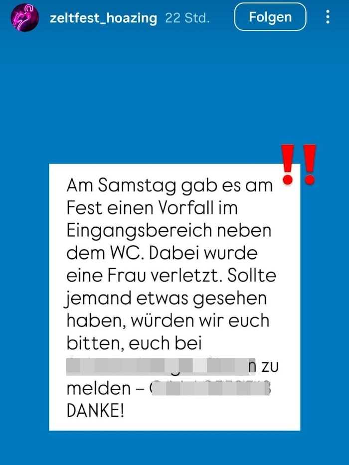 Nach der Attacke appellierten die Festveranstalter an etwaige Zeugen, sich zu melden.