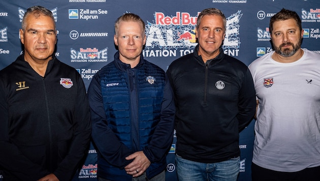 Manny Viveiros (li.) mit Ex-Salzburg-Coach Oliver David (re.) und den Trainern von Zug und Rögle ...