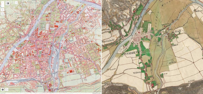 Innsbruck im Plan von 1964 (li.) und als Karten von Carl Urban und Mitarbeiter aus dem Jahr 1840