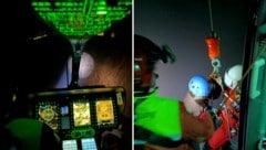 Der RK-2 im nächtlichen Anflug auf die Feststeckenden (links) und bei der Bergung mit der ...