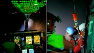 Der RK-2 im nächtlichen Anflug auf die Feststeckenden (links) und bei der Bergung mit der ...