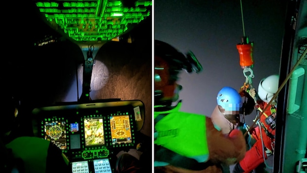 Der RK-2 im nächtlichen Anflug auf die Feststeckenden (links) und bei der Bergung mit der ...