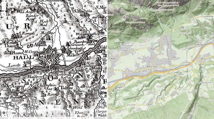 Hall heute (re.) und im Atlas Tyrolensis von Peter Anich und Blasius Hueber (1774)..