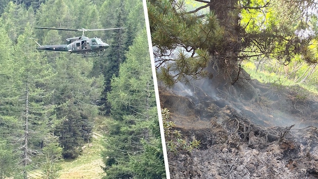 Die Agusta Bell 212 des Bundesheeres im Waldbrand-Assistenzeinsatz bei Murau.