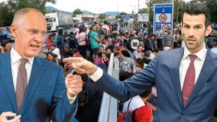 FPÖ-NÖ-Chef Udo Landbauer (re.) stichelt gegen Innenminister Gerhard Karner vor dem Hintergrund ...