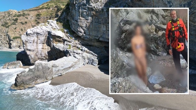 Bild von der Rettung der Frau, die aufgrund des rauen Meeres in der Grotte von Mongiove (großes ...