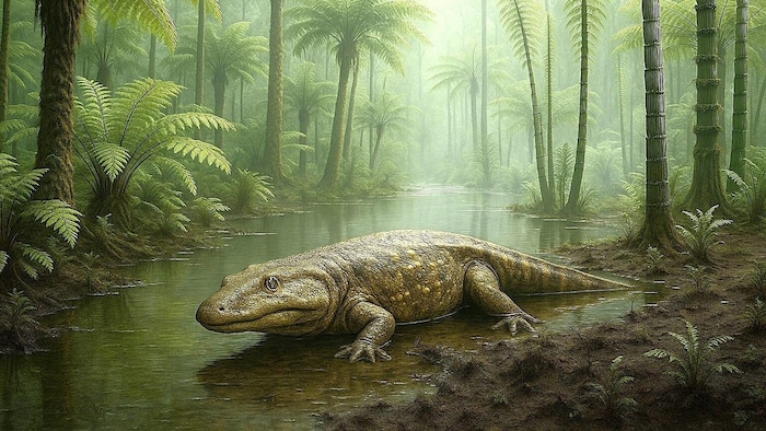 Mittels KI wurde diese Rekonstruktion eines Cyclotosaurus mit Riesenfarnen und ...