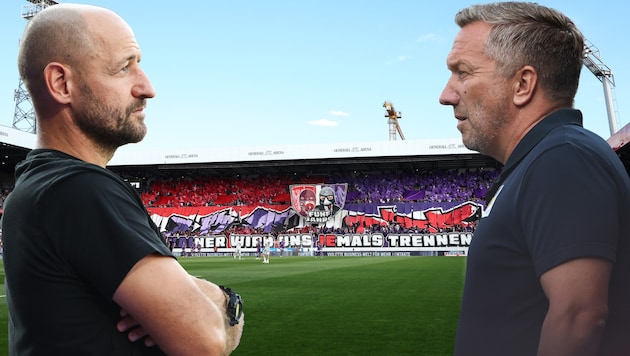Stephan Helm (li.) steht kurz vor dem Aus. Ex-Veilchen-Coach Manfred Schmid (re.) könnte für die ...