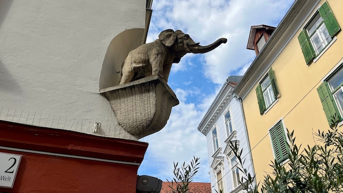 Der kleine Elefant am Grazer Franziskanerplatz Ecke Neue-Welt-Gasse.