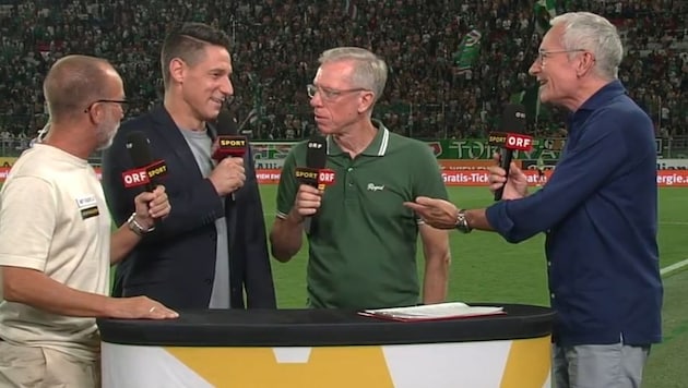 Trainer Peter Stöger im ORF-Gespräch mit Roman Mählich, Helge Payer und Rainer Pariasek.