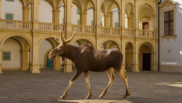 Auf diesem Bild marschiert „Emil“ durch den Innenhof des steirischen Landhauses in Graz.
