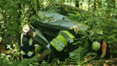 Der Unfallwagen verkeilte sich knapp vor dem Ufer der Salza in einem Baum.
