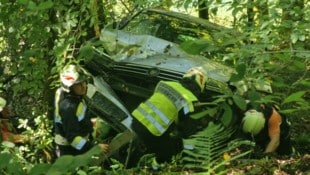 Der Unfallwagen verkeilte sich knapp vor dem Ufer der Salza in einem Baum.