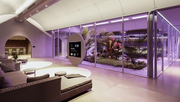 Lounge-Möbel mit Blick auf den Hydroponik-Garten mit LED-“Sonne“, ein HD-Display zur ...
