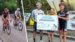 Spendenübergabe: Das prominente Radduo Philip Kaider (Bild oben, li.) und Michael Hiess mit ...