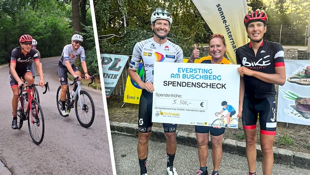 Spendenübergabe: Das prominente Radduo Philip Kaider (Bild oben, li.) und Michael Hiess mit ...