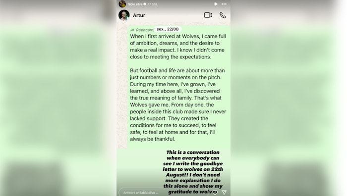 In seiner Instagram-Story zeigt Fábio Silva seinen Fans, dass er den Abschiedstext bereits vor ...