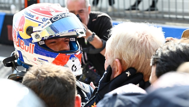 Max Verstappen (links) feiert mit Helmut Marko seinen Sieg in Monza.