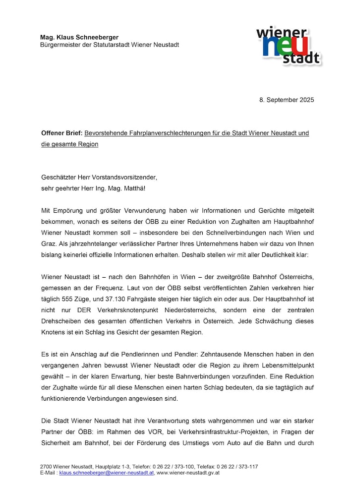 Wütender Brief von Bürgermeister Klaus Schneeberger und Stadtrat Franz Dinhobl an die ÖBB.