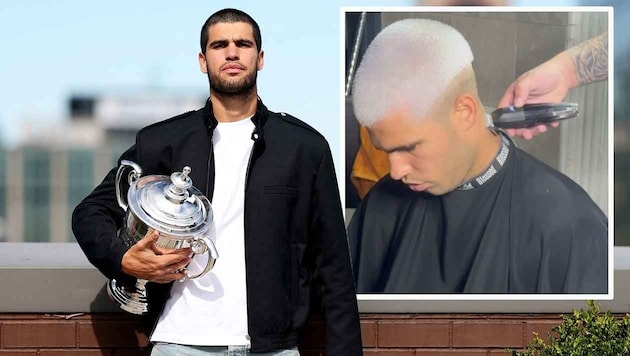 Vor wenigen Tagen noch schwarz, erstrahlen Carlos Alcaraz‘ kurze Haare jetzt in Blond.