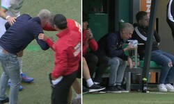 Schmerzhaft! Rapid-Trainer Peter Stöger kassierte einen Treffer ins Gesicht.