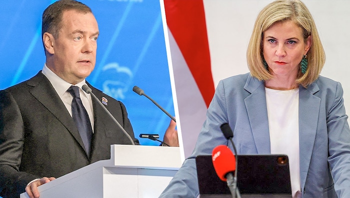 Der russische Ex-Präsident Dmitri Medwedew legt im Streit mit Österreichs Außenministerin Beate ...