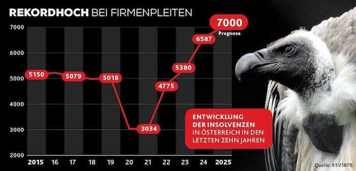 Der KSV1870 rechnet heuer mit der Rekordzahl von 7000 Firmenpleiten im Gesamtjahr.