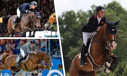 Österreichs aktueller Top-Reiter Max Kühner, Olympiasieger Christian Kukuk und der britische ...
