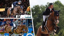 Österreichs aktueller Top-Reiter Max Kühner, Olympiasieger Christian Kukuk und der britische ...