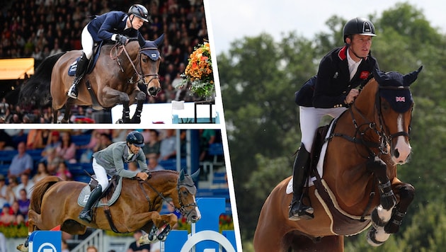 Österreichs aktueller Top-Reiter Max Kühner, Olympiasieger Christian Kukuk und der britische ...