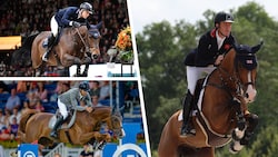 Österreichs aktueller Top-Reiter Max Kühner, Olympiasieger Christian Kukuk und der britische ...