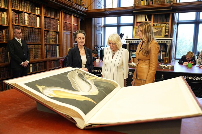 Königin Camilla und Melania Trump hörten den Ausführungen der Bibliothekarin gespannt zu.