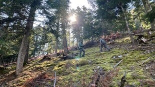 Sicherheitskräfte in einem Waldstück oberhalb der Gemeinde Caldes im Trentino (undatiert).