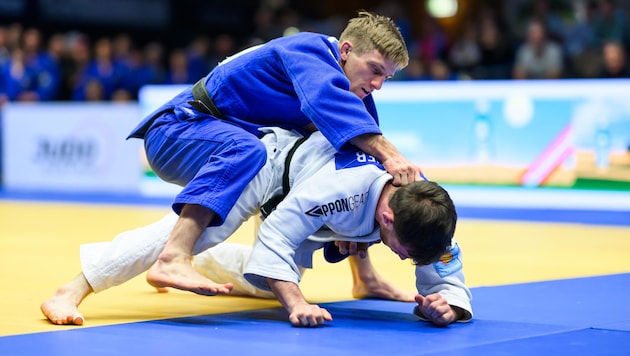 Sanjindo-Tiger Artem Lesiuk (blau) gewann bis 60 Kilo beide Duelle durch Waza-ari.