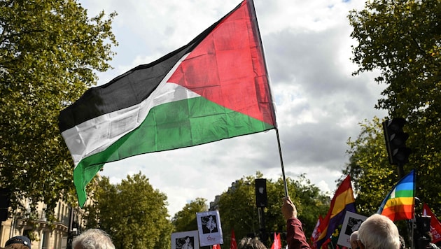Ein Demonstrant schwingt bei einem Protest in Frankreich die palästinensische Flagge – Paris ...