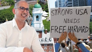 Demos gegen Trumps Eingriffe in die Lehre sorgten an der Harvard-Uni für Chaos (re.). ...