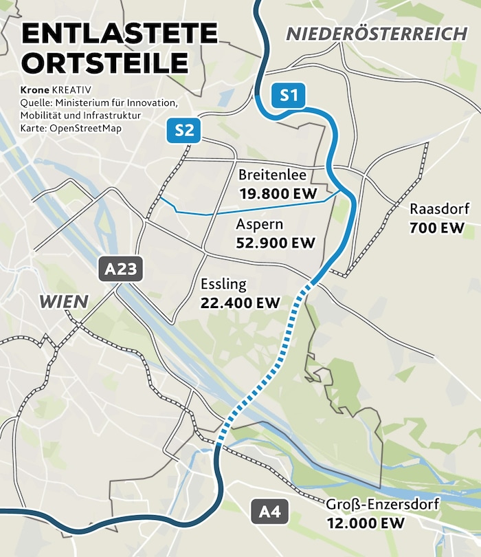 Hellblau: Das fehlende Teilstück der S1 samt Tunnel (strichliert).