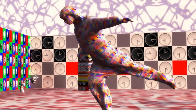 Videoinstallation von Claudia Hart: Ein digital animierter, geschlechtsloser Avatar tanzt in ...