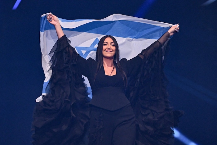 Yuval Raphael celebrates Israel's second place at this year's ESC in Basel.